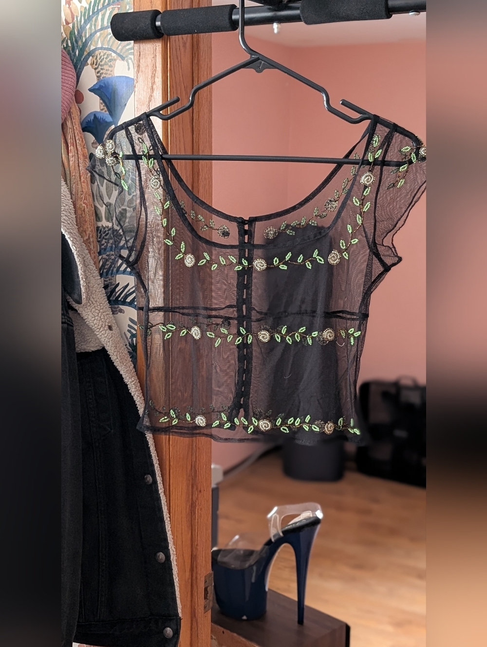 Sheer Black Embroidered Crop Top - Handmade